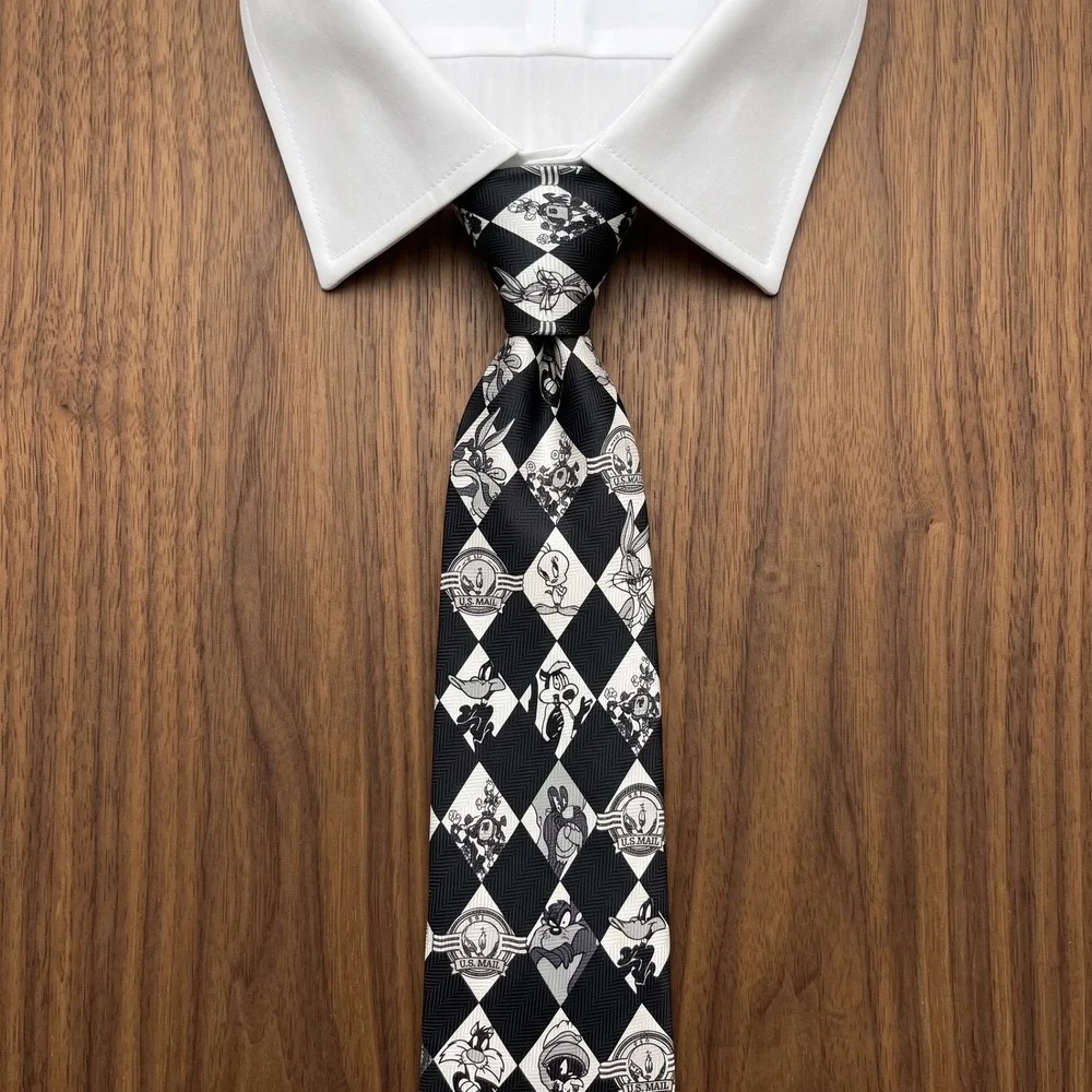 Vintage 1997 Looney Tunes Stamp Collection Tie Black White Diamond‎ Harlequin